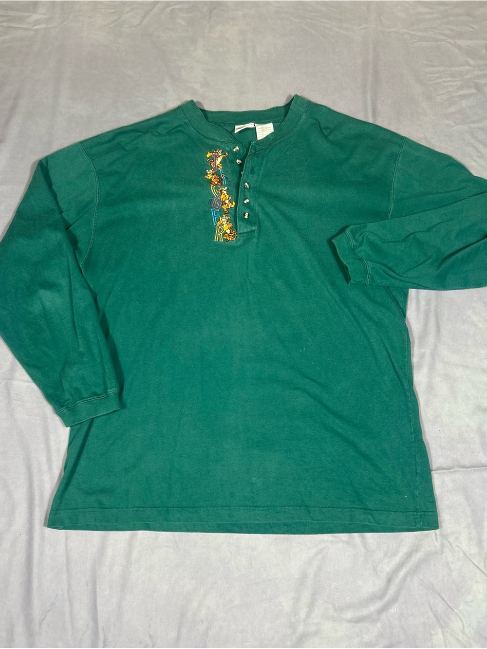 Disney Men's Dark Green Long-Sleeve Henley with Floral Embroidery